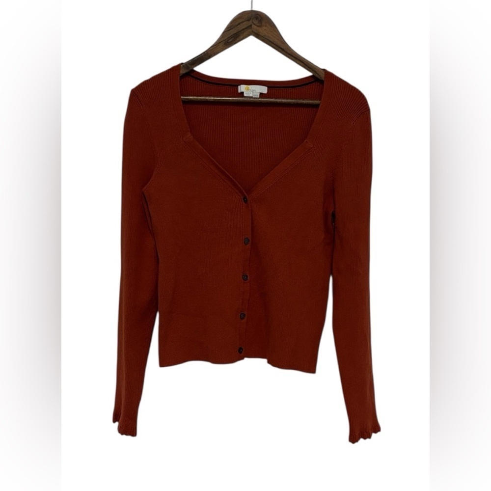 Boden Women’s Rib Knit Top with Scalloped Sleeves Rust Orange Size 12 Minimalist